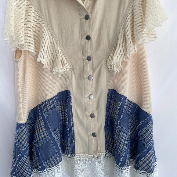 POL Bohemian Lacy White Blue Patchwork Dress Tunic Top NWOT Women's Size Large - Picture 14 of 15